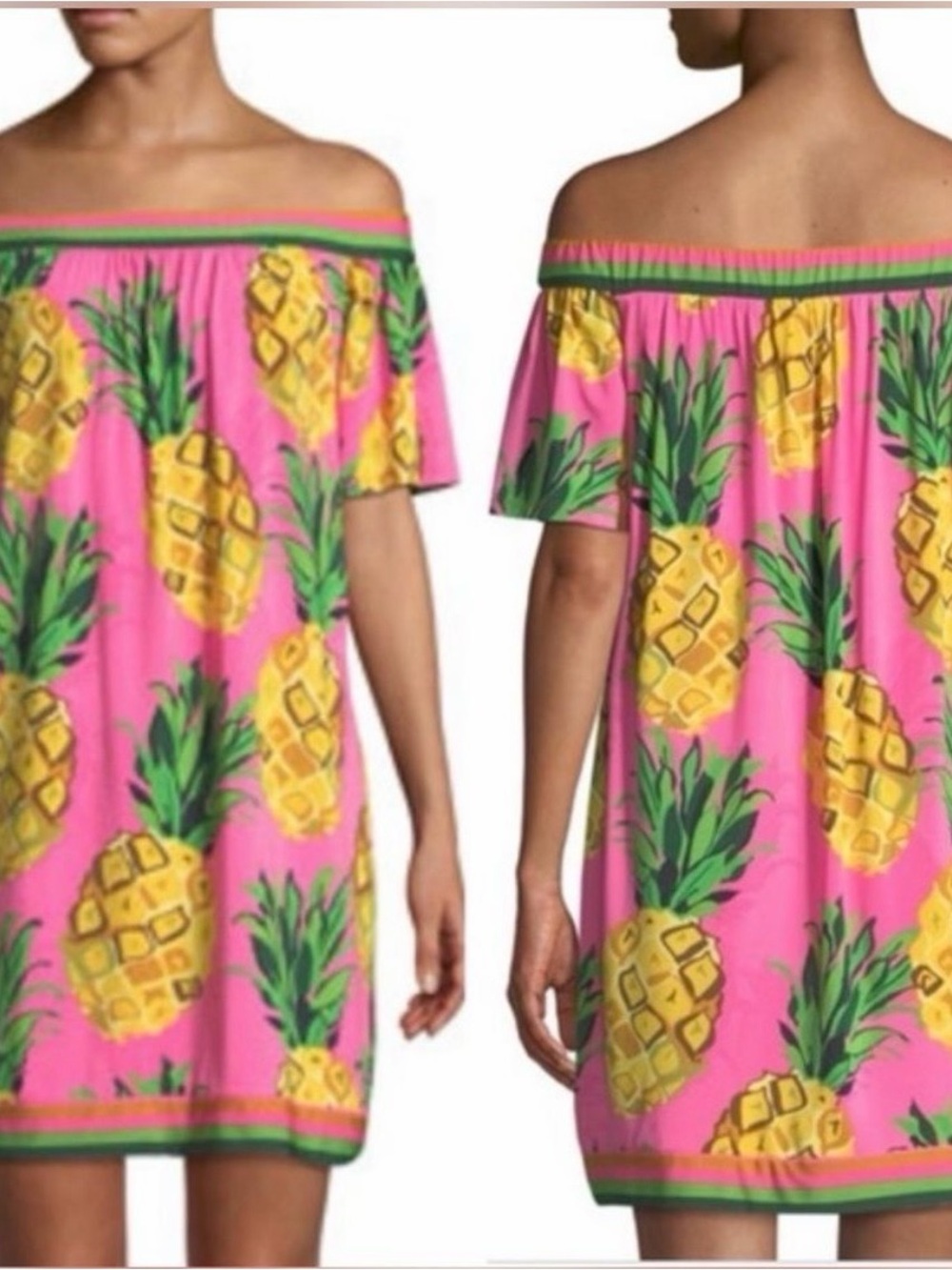 Trina Turk Pink Pineapple Off-Shoulder Midi Dress